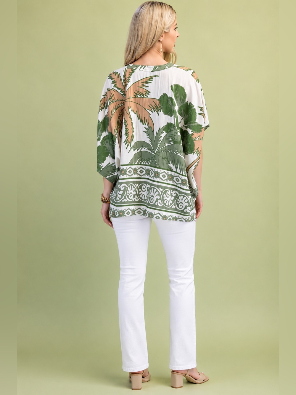 Green Palm Print Poncho Top - Picture 2 of 8